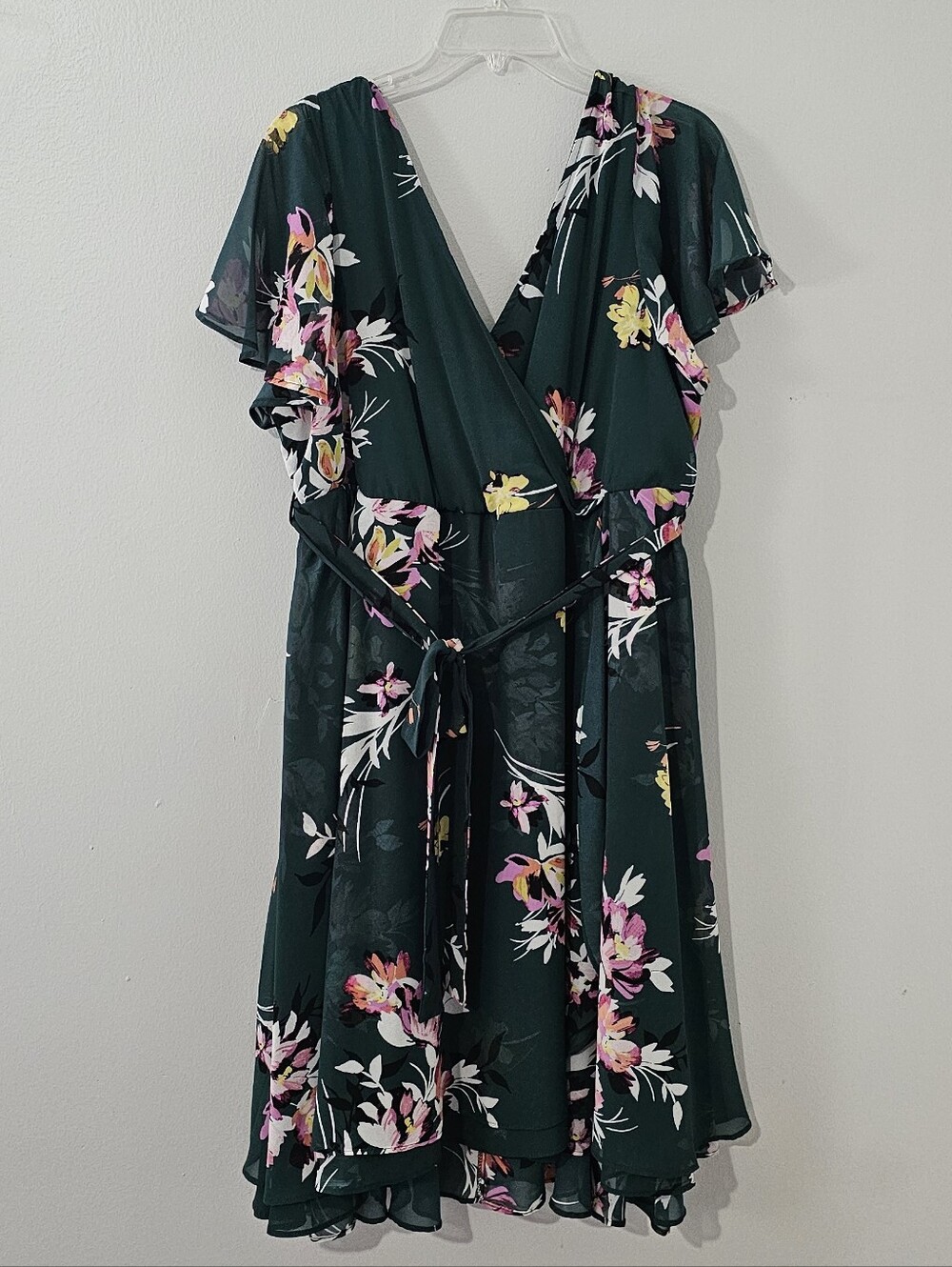 torrid Dark Green Floral Wrap Dress with Pink & Yellow Accents
